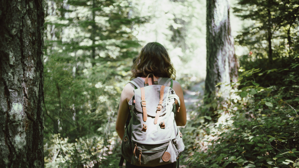 woman hiking in the woods.