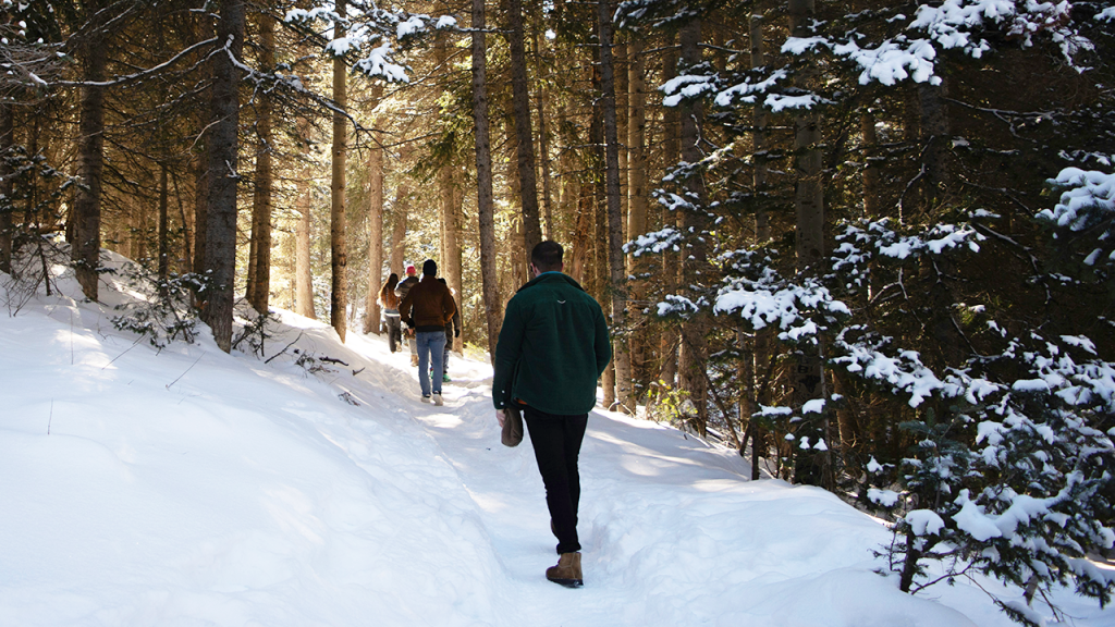 Group hiking through a snowy forest trail in New Jersey, a perfect winter activity featured by Boone Town Provisions.